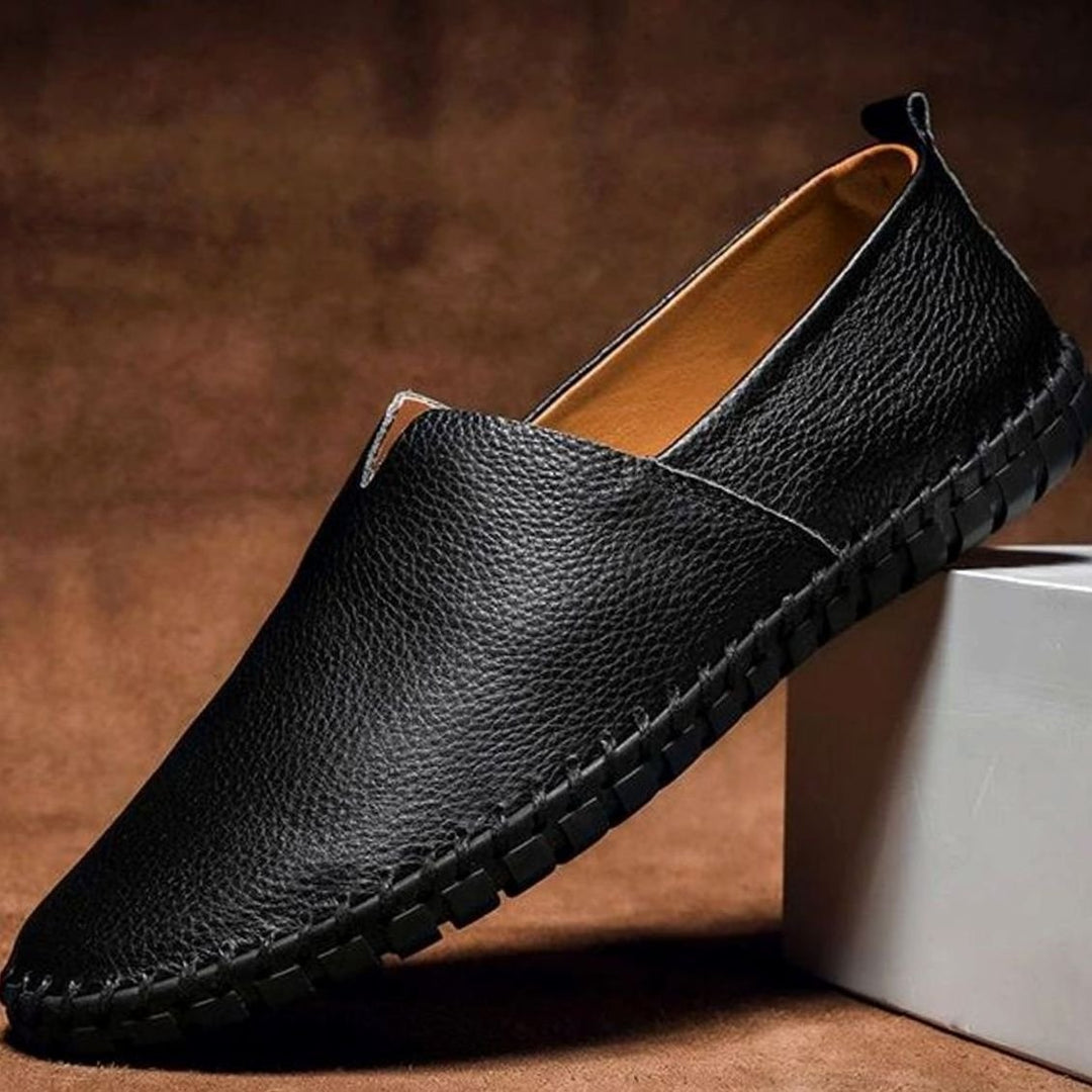 Men's Leather Slip-On Loafers Hand-Stitched Moccasin Shoes - Black