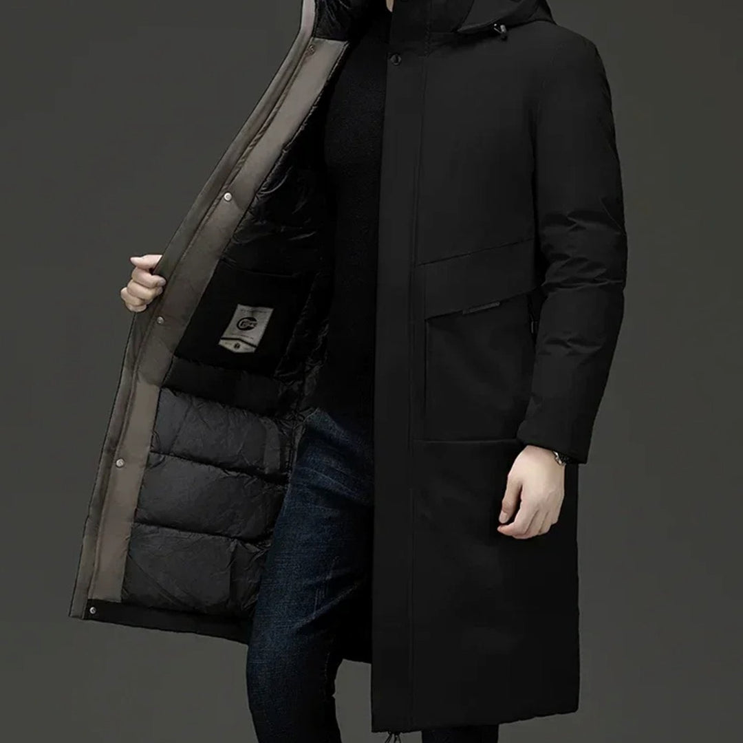 Men's Long Padded Hooded Winter Parka Coat - Black