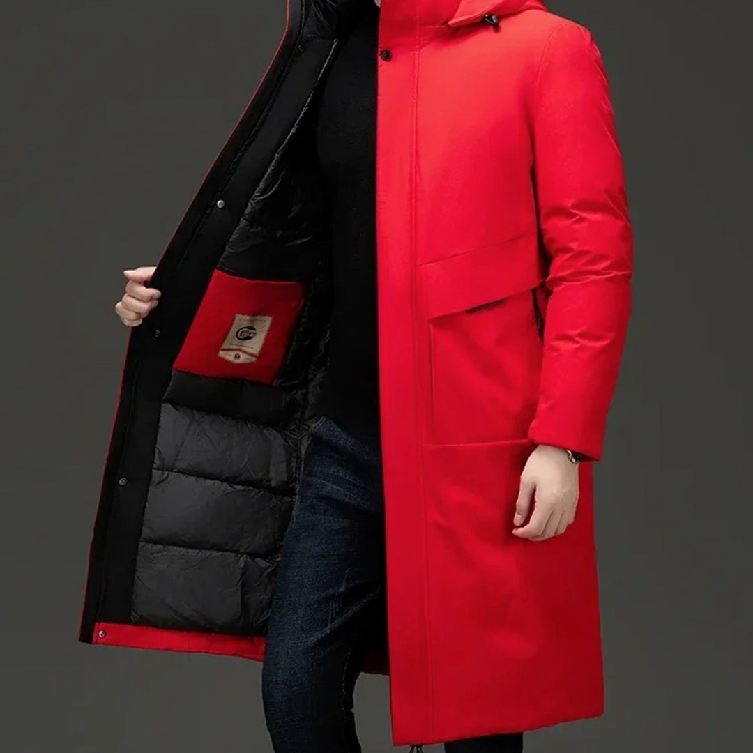 Men's Long Padded Hooded Winter Parka Coat - Red