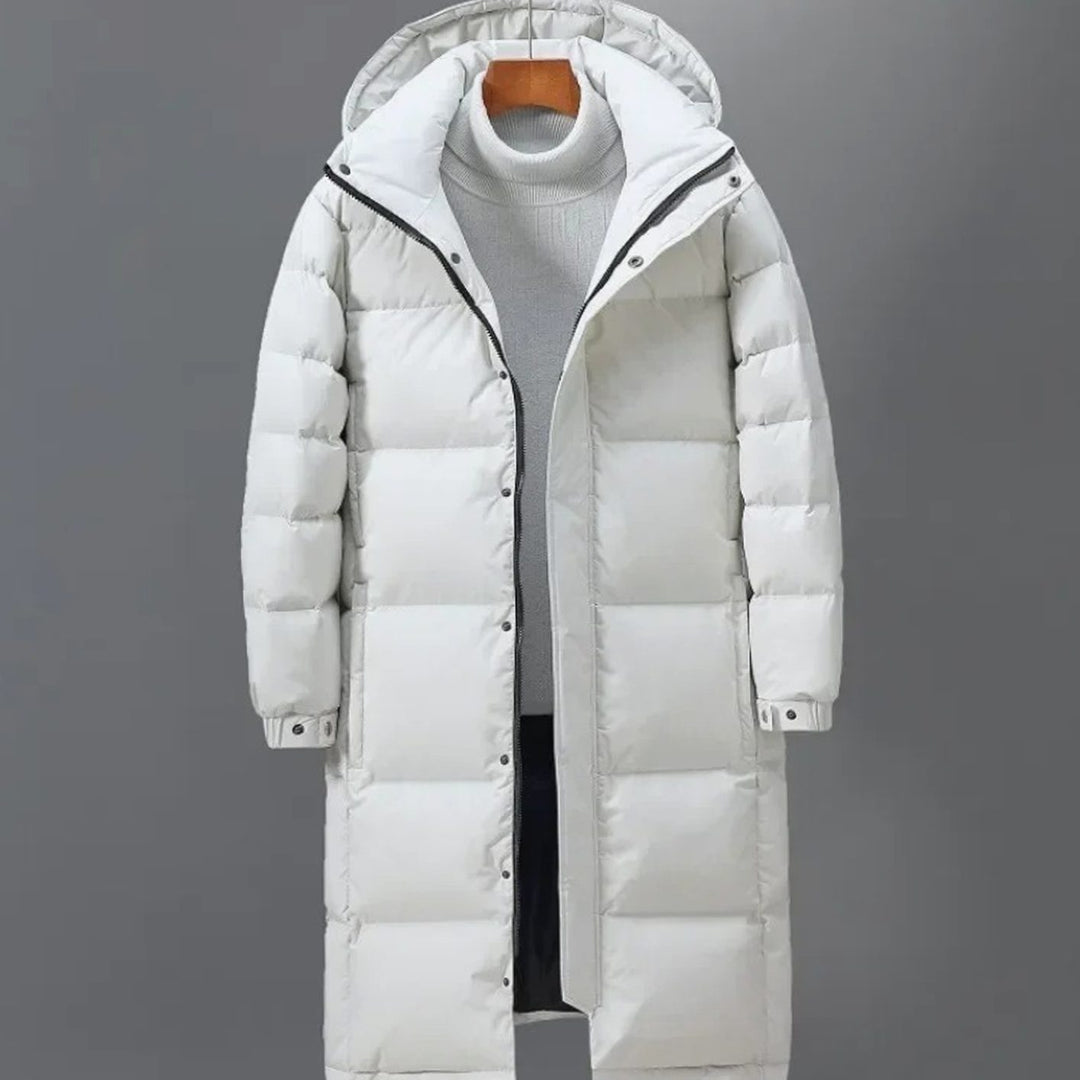 Men's Long Quilted Hooded Puffer Coat Winter Parka - White