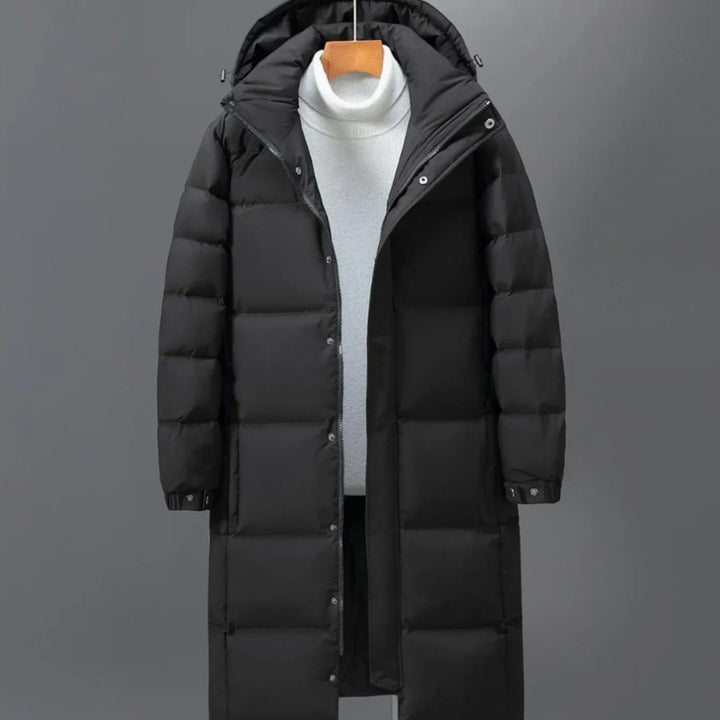 Men's Long Quilted Hooded Puffer Coat Winter Parka - Black