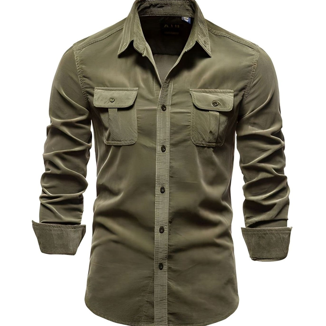 Men's Long-Sleeve Cargo-Pocket Button-Up Casual Shirt, Army Green - Army Green