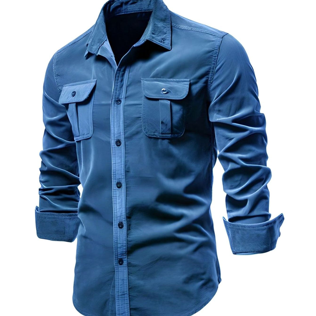 Men's Long-Sleeve Cargo-Pocket Button-Up Casual Shirt, Army Green - Blue