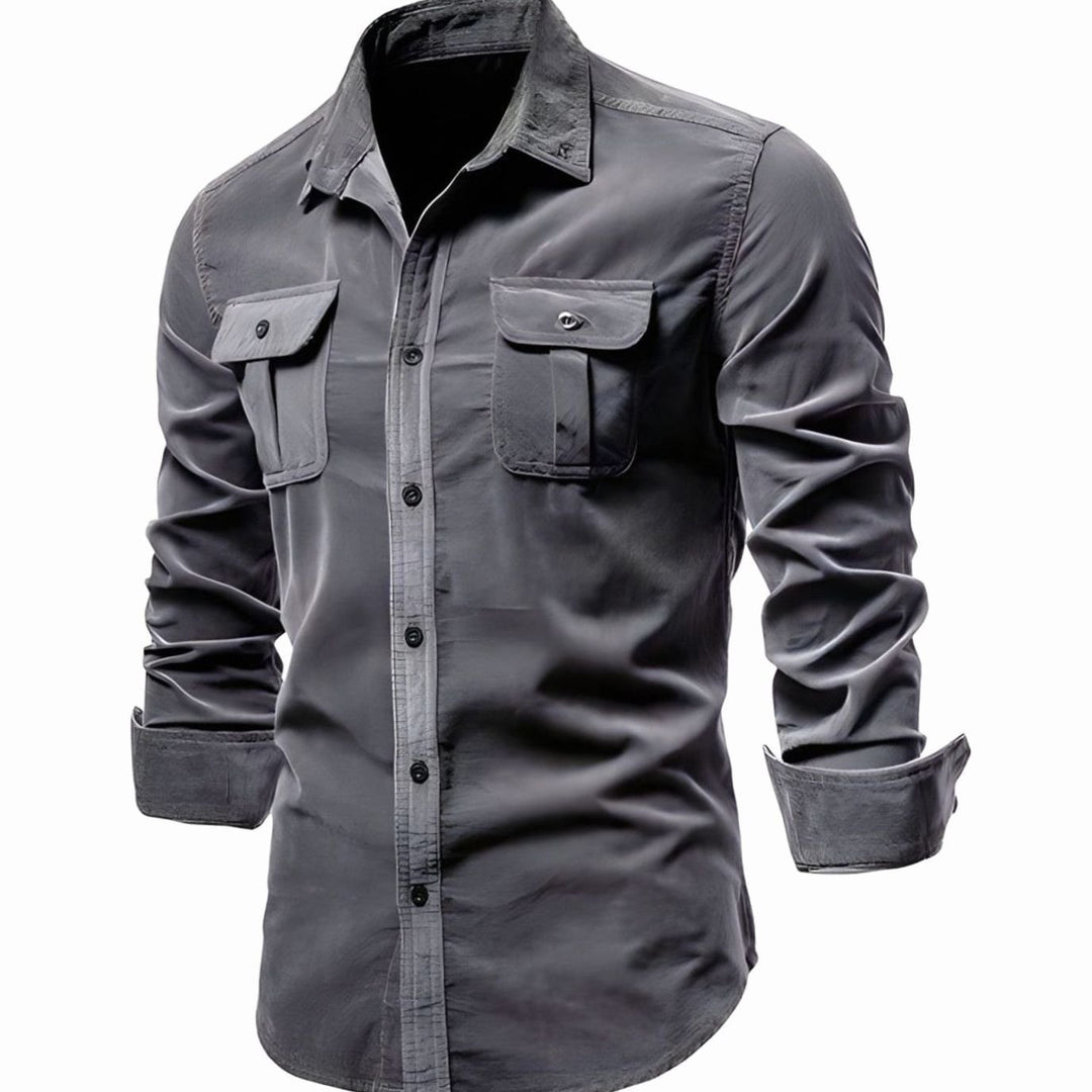 Men's Long-Sleeve Cargo-Pocket Button-Up Casual Shirt, Army Green - Dark Grey