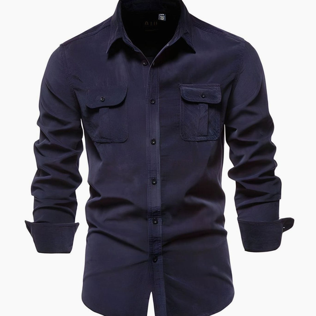 Men's Long-Sleeve Cargo-Pocket Button-Up Casual Shirt, Army Green - Navy Blue