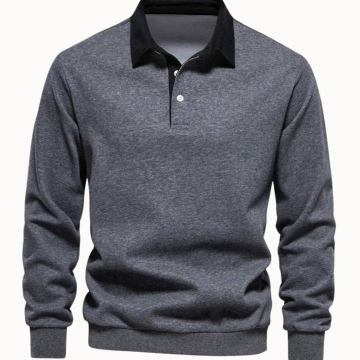 Men's Long-Sleeve Contrast Collar Polo Sweatshirt - Grey
