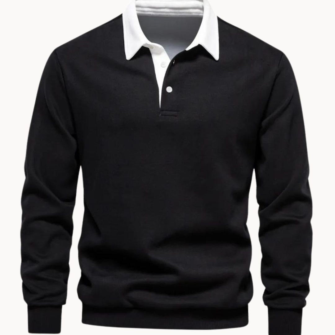 Men's Long-Sleeve Contrast Collar Polo Sweatshirt - Black
