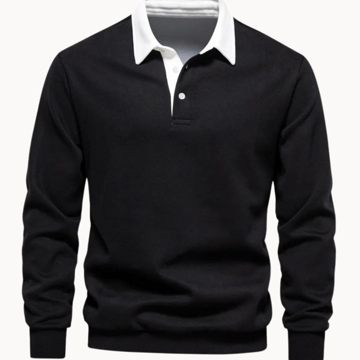 Men's Long-Sleeve Contrast Collar Polo Sweatshirt - Black