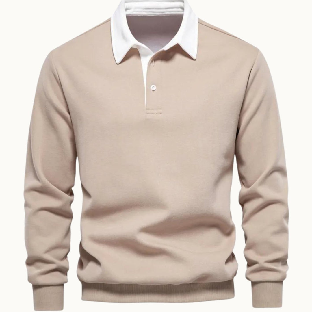 Men's Long-Sleeve Contrast Collar Polo Sweatshirt - Khaki