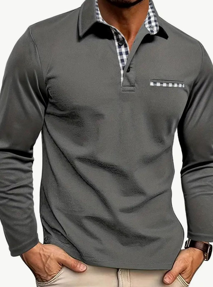 Men's Long-Sleeve Polo Shirt Gingham Collar Chest Pocket - Grey