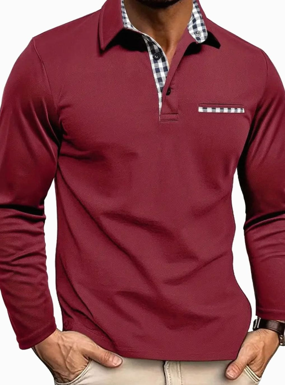 Men's Long-Sleeve Polo Shirt Gingham Collar Chest Pocket - Burgundy