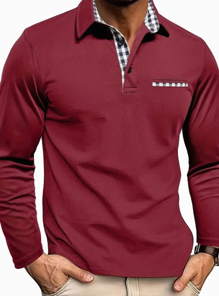 Men's Long-Sleeve Polo Shirt Gingham Collar Chest Pocket - Burgundy