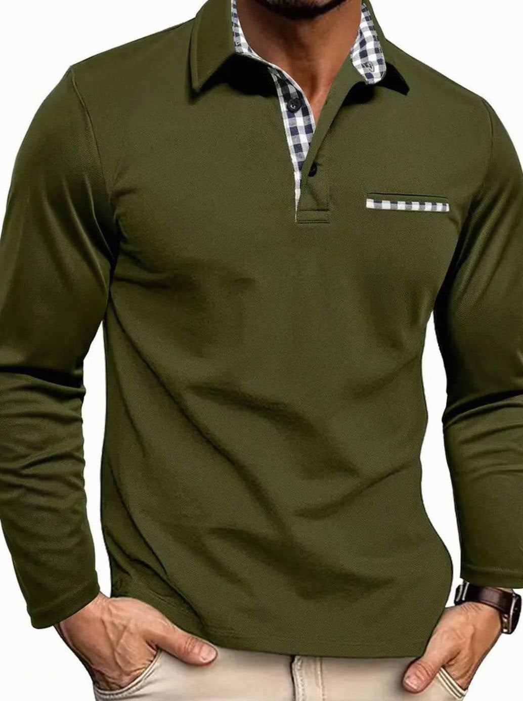 Men's Long-Sleeve Polo Shirt Gingham Collar Chest Pocket - Olive Green