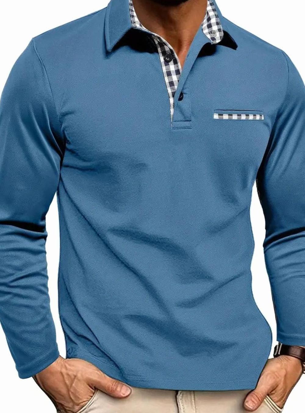Men's Long-Sleeve Polo Shirt Gingham Collar Chest Pocket - Light Blue