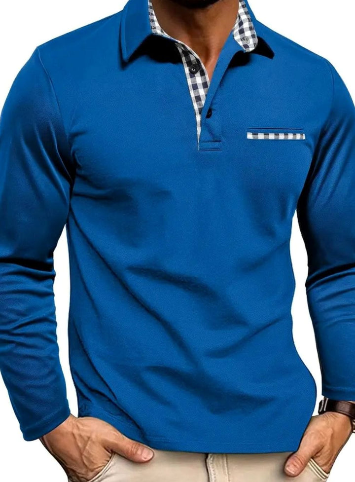 Men's Long-Sleeve Polo Shirt Gingham Collar Chest Pocket - Blue