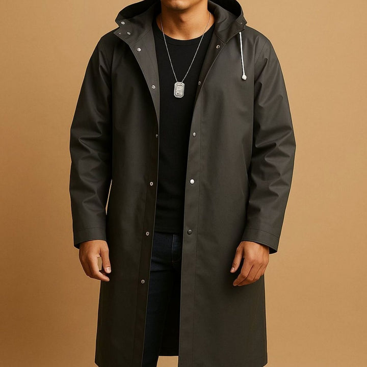 Men's Long Waterproof Hooded EVA Snap-Button Rain Jacket