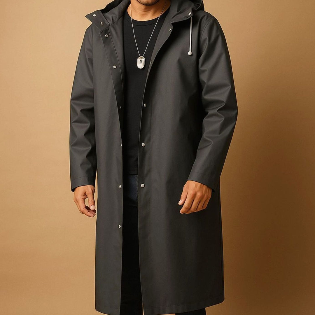 Men's Long Waterproof Hooded EVA Snap-Button Rain Jacket - Black