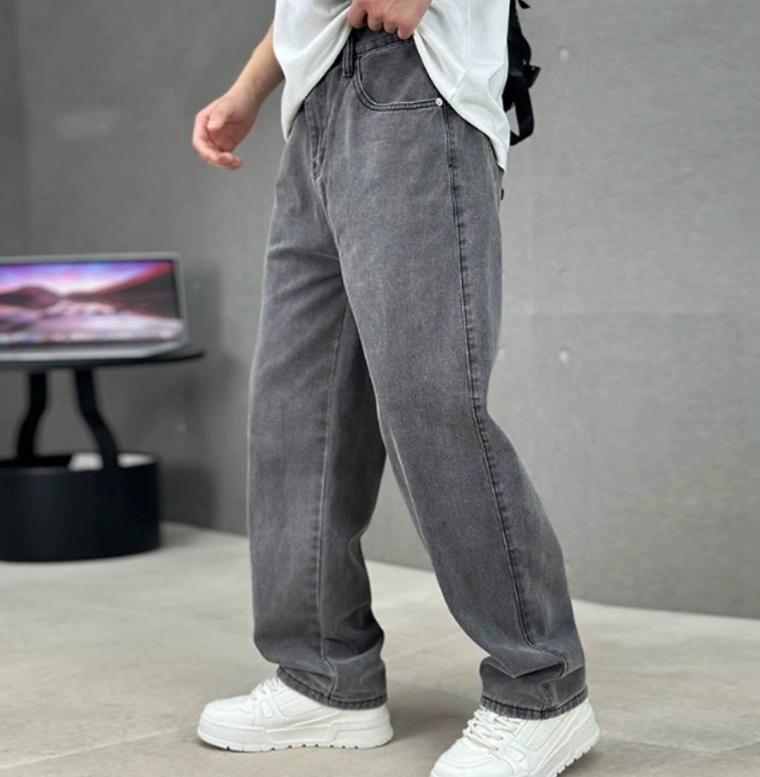 Men's Loose-Fit Straight-Leg Washed Denim Jeans - Dark Grey