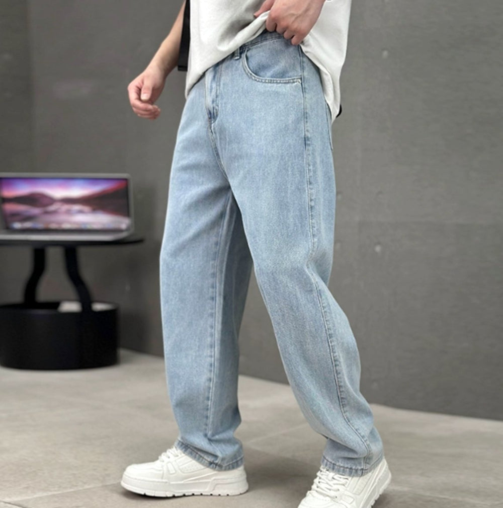 Men's Loose-Fit Straight-Leg Washed Denim Jeans - Light Blue