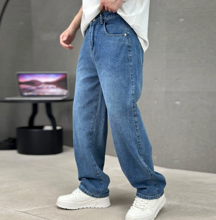 Men's Loose-Fit Straight-Leg Washed Denim Jeans - Blue