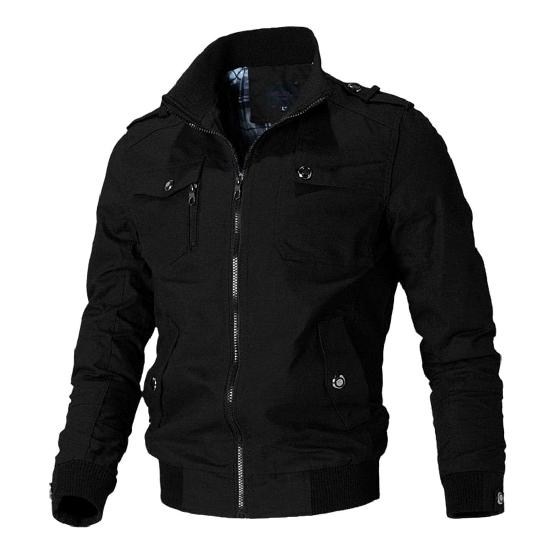 Men's Military-Style Multi-Pocket Full-Zip Bomber Jacket - Black