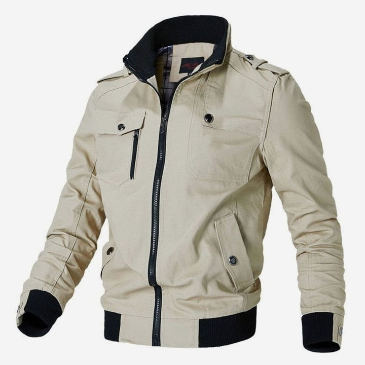 Men's Military-Style Multi-Pocket Full-Zip Bomber Jacket - Khaki