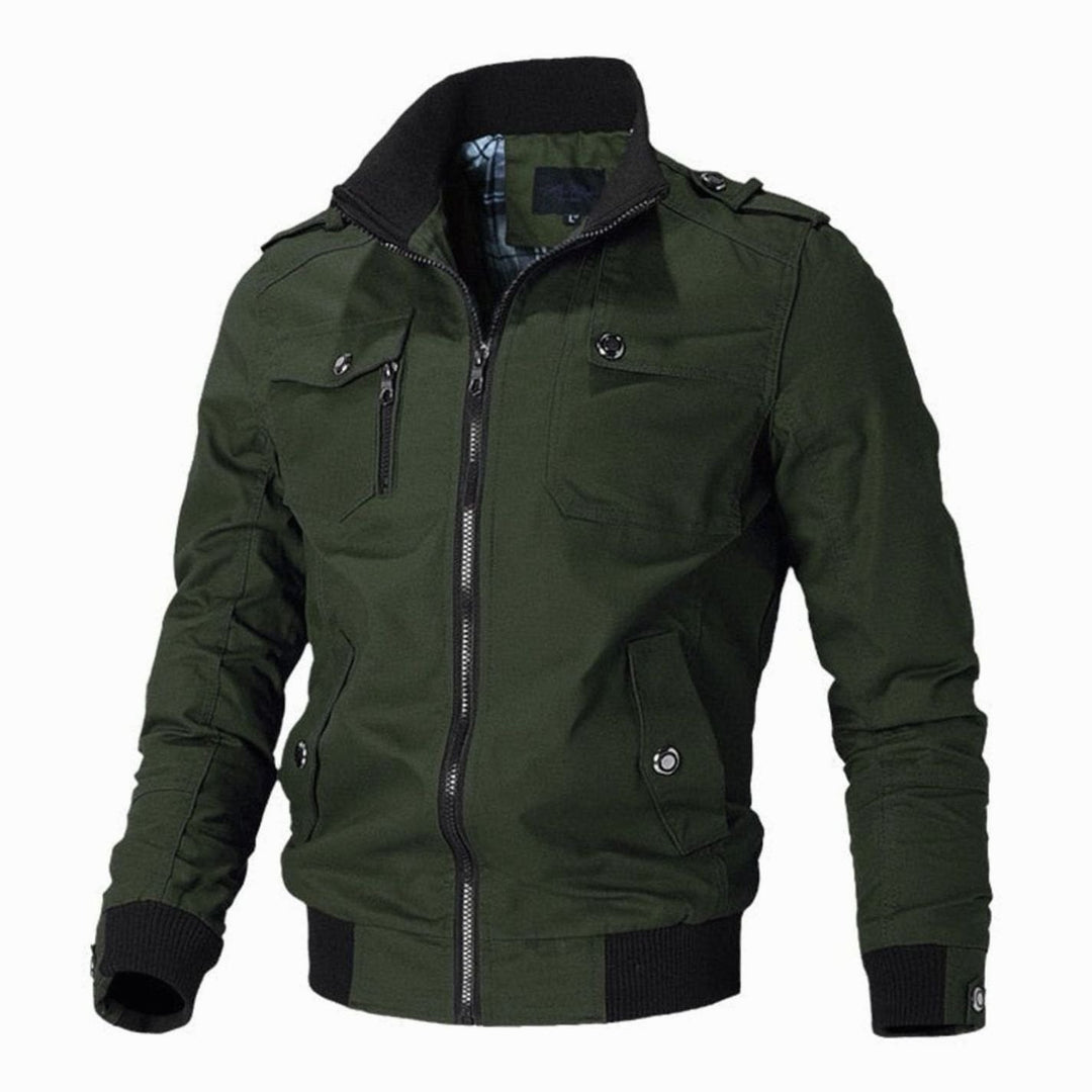 Men's Military-Style Multi-Pocket Full-Zip Bomber Jacket - Green