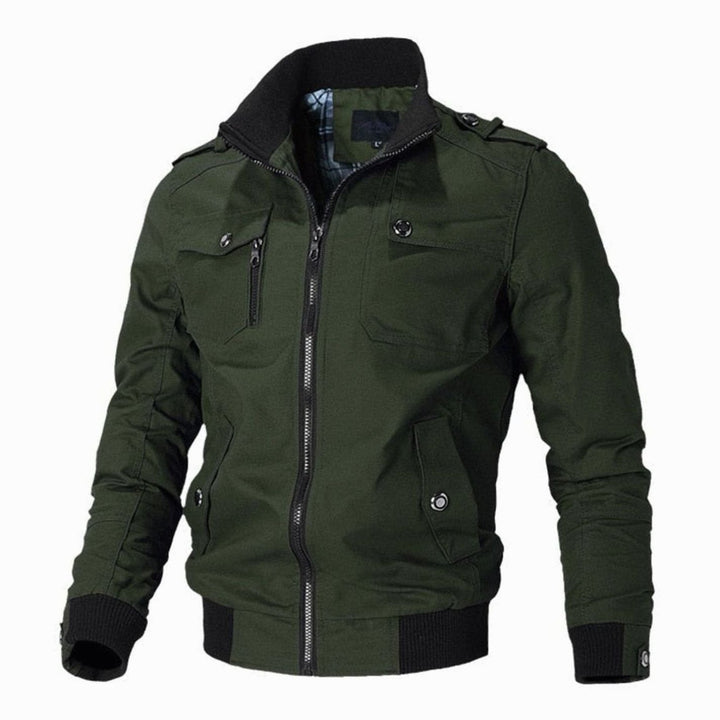 Men's Military-Style Multi-Pocket Full-Zip Bomber Jacket - Green