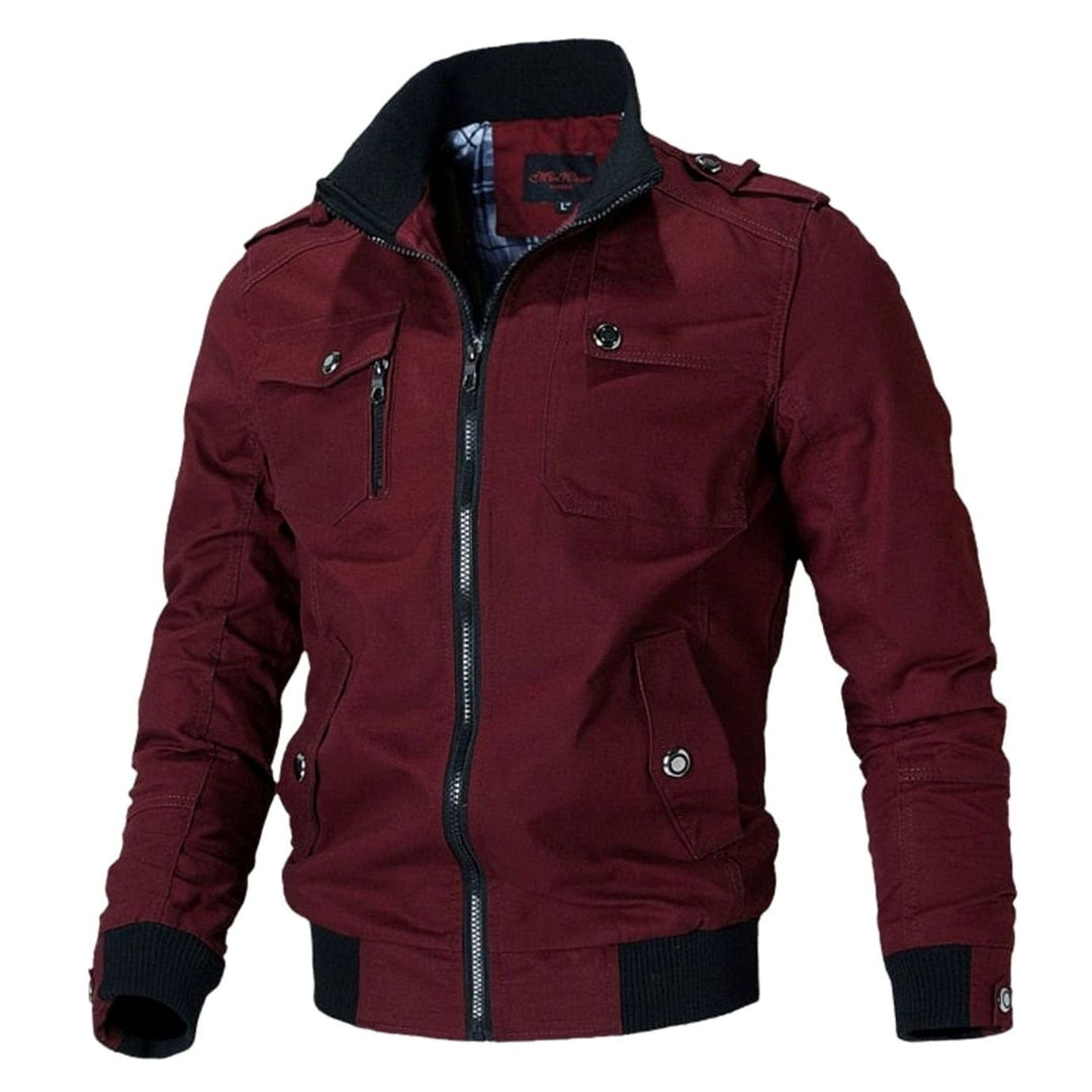 Men's Military-Style Multi-Pocket Full-Zip Bomber Jacket - Red