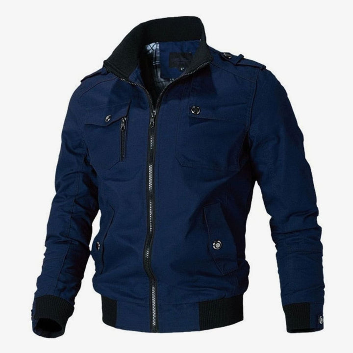Men's Military-Style Multi-Pocket Full-Zip Bomber Jacket - Blue