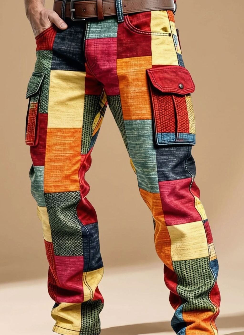 Men's Multicolour Patchwork Regular-Fit Cargo Trousers - Multicolour