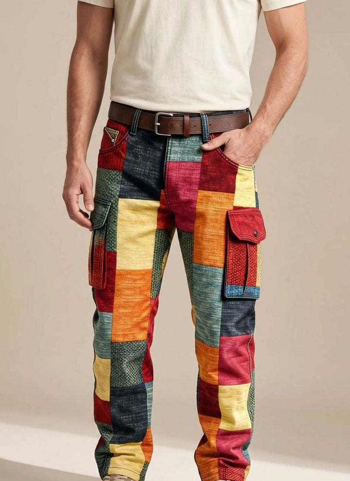 Men's Multicolour Patchwork Regular-Fit Cargo Trousers