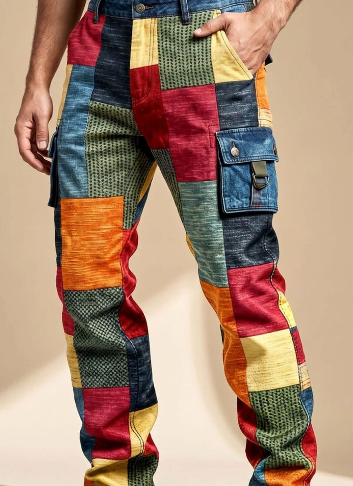 Men's Multicolour Patchwork Regular-Fit Cargo Trousers