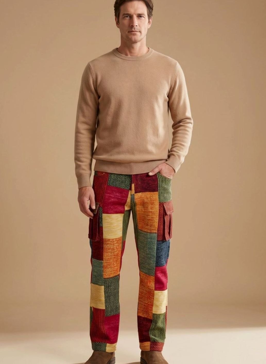 Men's Multicolour Patchwork Regular-Fit Cargo Trousers