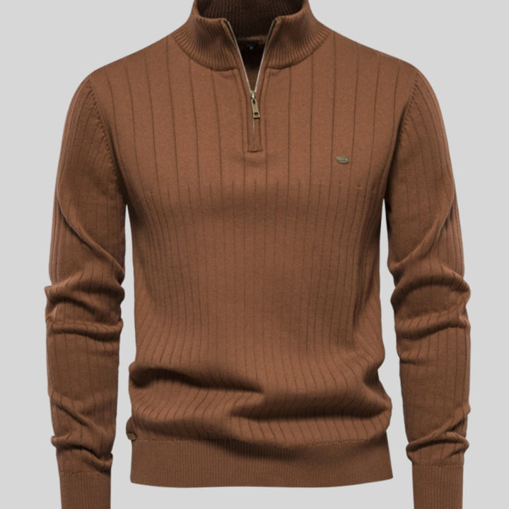 Men's Muscle-Fit Half-Zip Ribbed Knitted Sweater - Brown