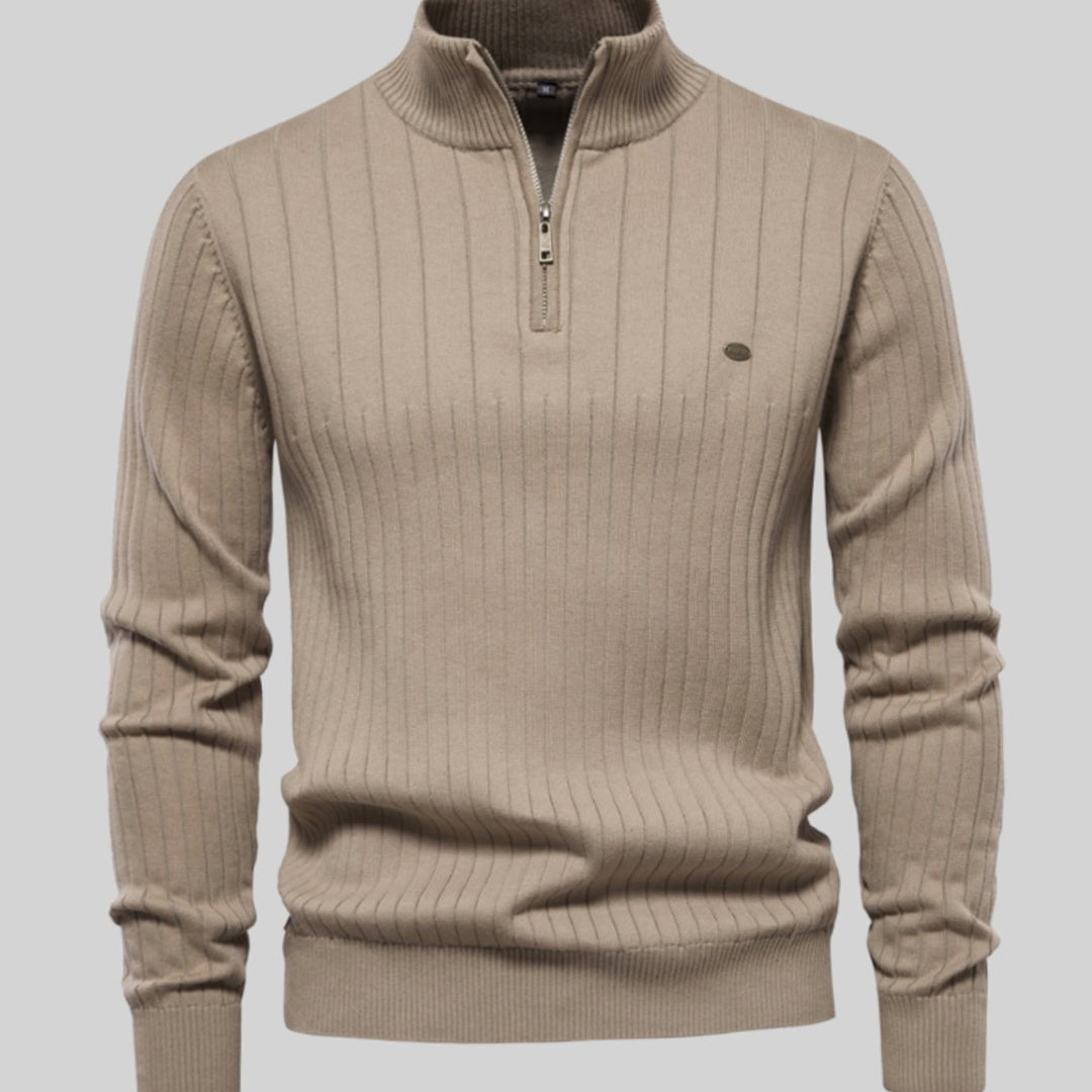 Men's Muscle-Fit Half-Zip Ribbed Knitted Sweater - Khaki