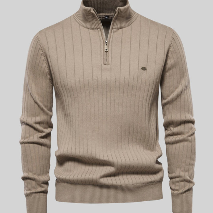 Men's Muscle-Fit Half-Zip Ribbed Knitted Sweater - Khaki
