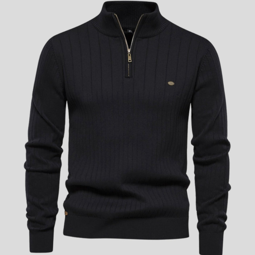 Men's Muscle-Fit Half-Zip Ribbed Knitted Sweater - Black