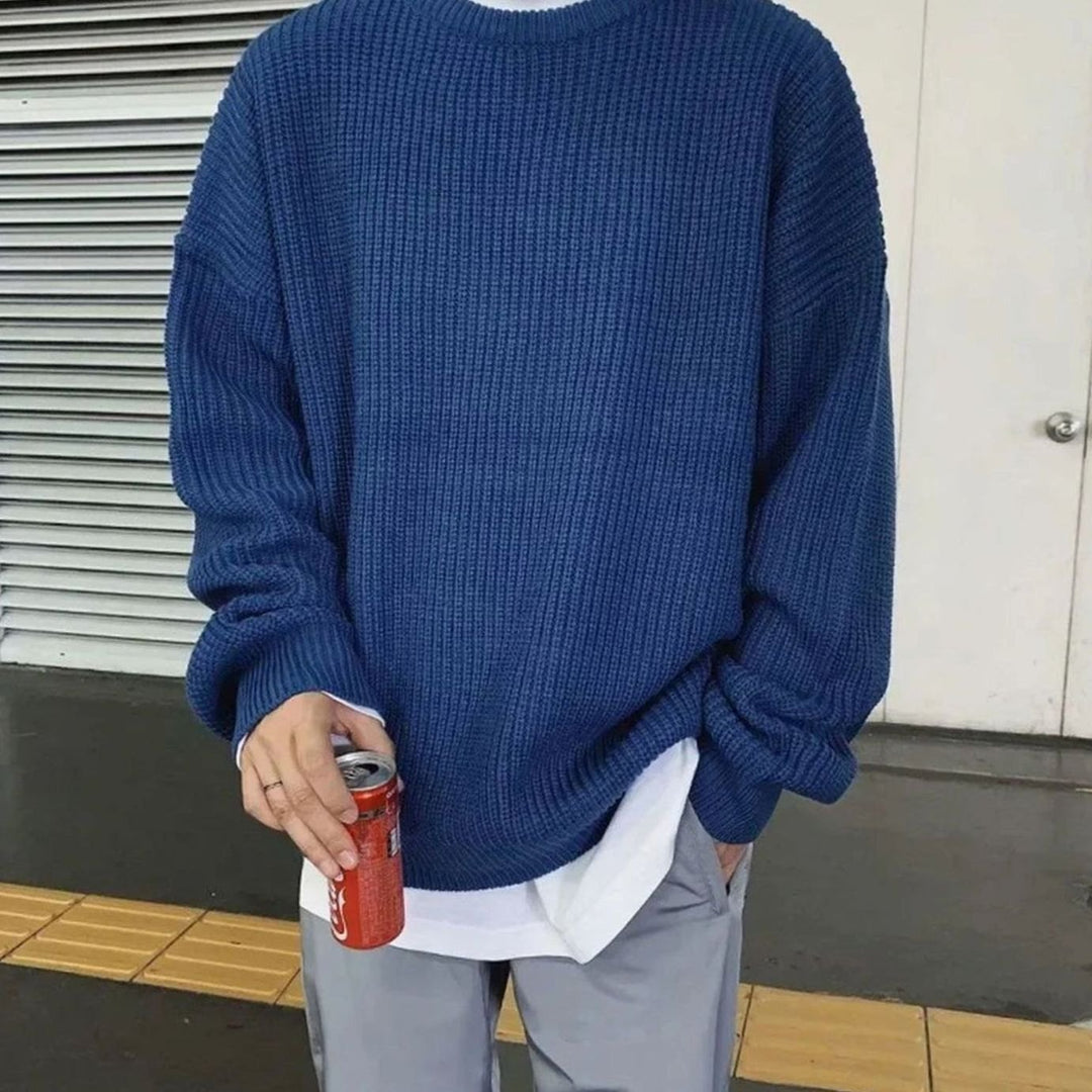 Men's Oversized Crew-Neck Ribbed Knitted Sweater - Blue