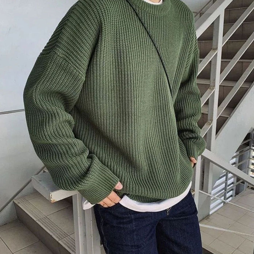 Men's Oversized Crew-Neck Ribbed Knitted Sweater - Dark Green