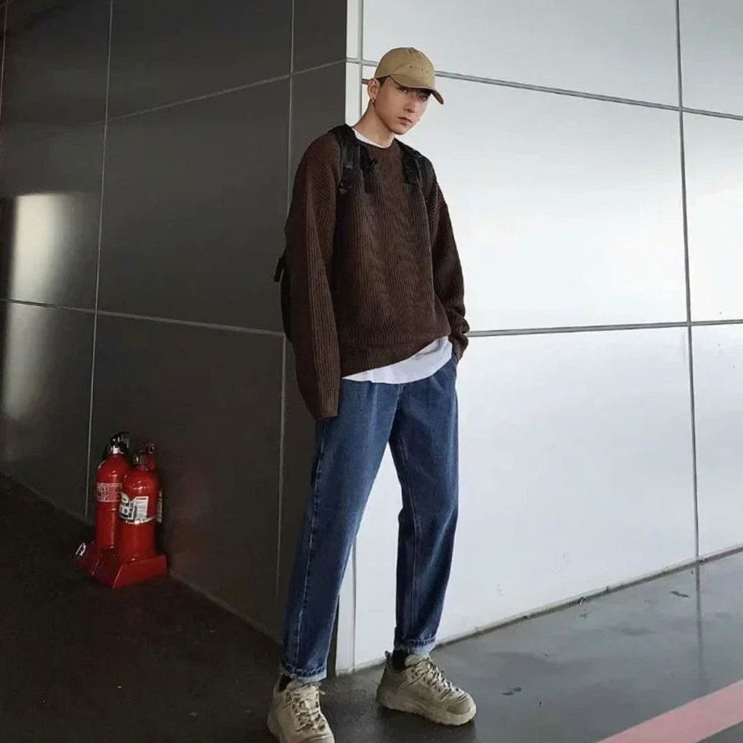 Men's Oversized Crew-Neck Ribbed Knitted Sweater - Coffee