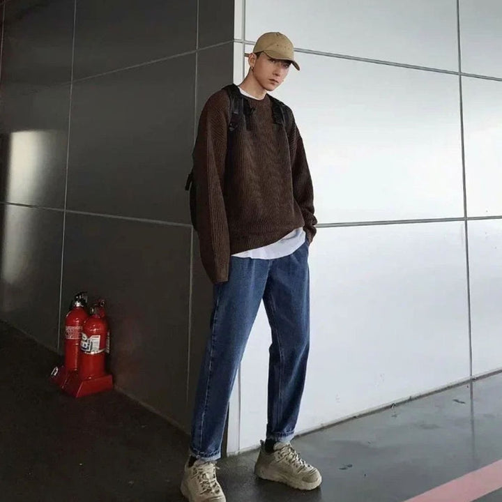 Men's Oversized Crew-Neck Ribbed Knitted Sweater - Coffee