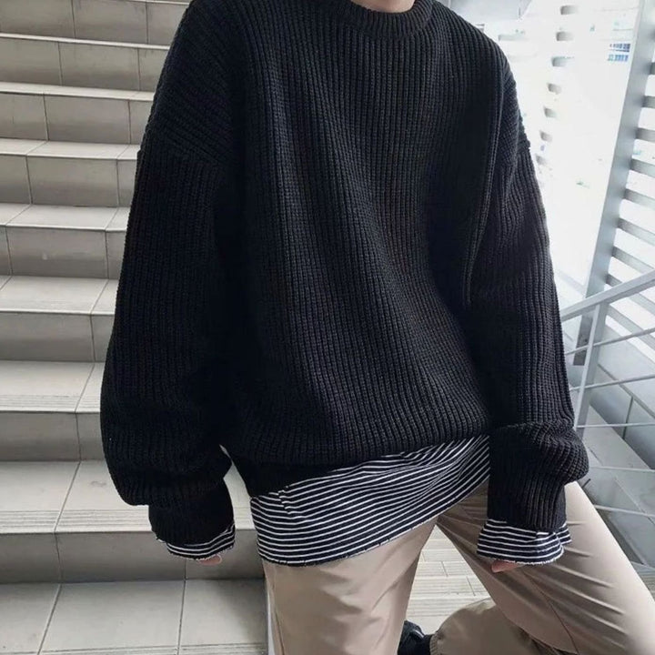 Men's Oversized Crew-Neck Ribbed Knitted Sweater - Black
