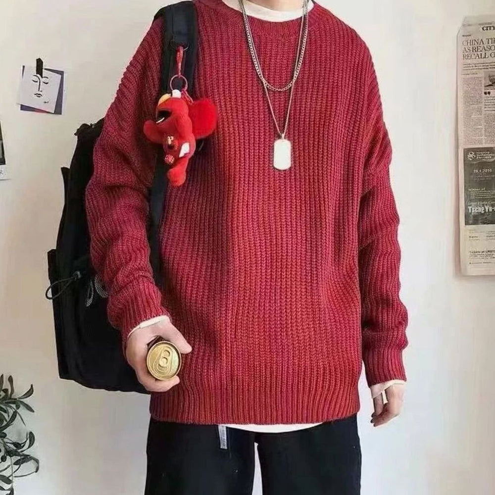 Men's Oversized Crew-Neck Ribbed Knitted Sweater - Red