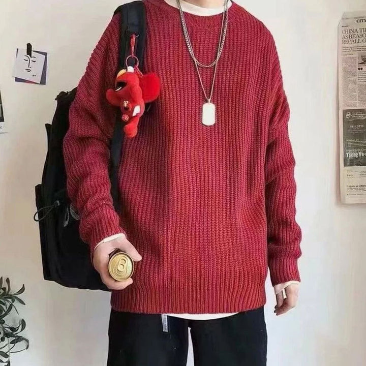 Men's Oversized Crew-Neck Ribbed Knitted Sweater - Red