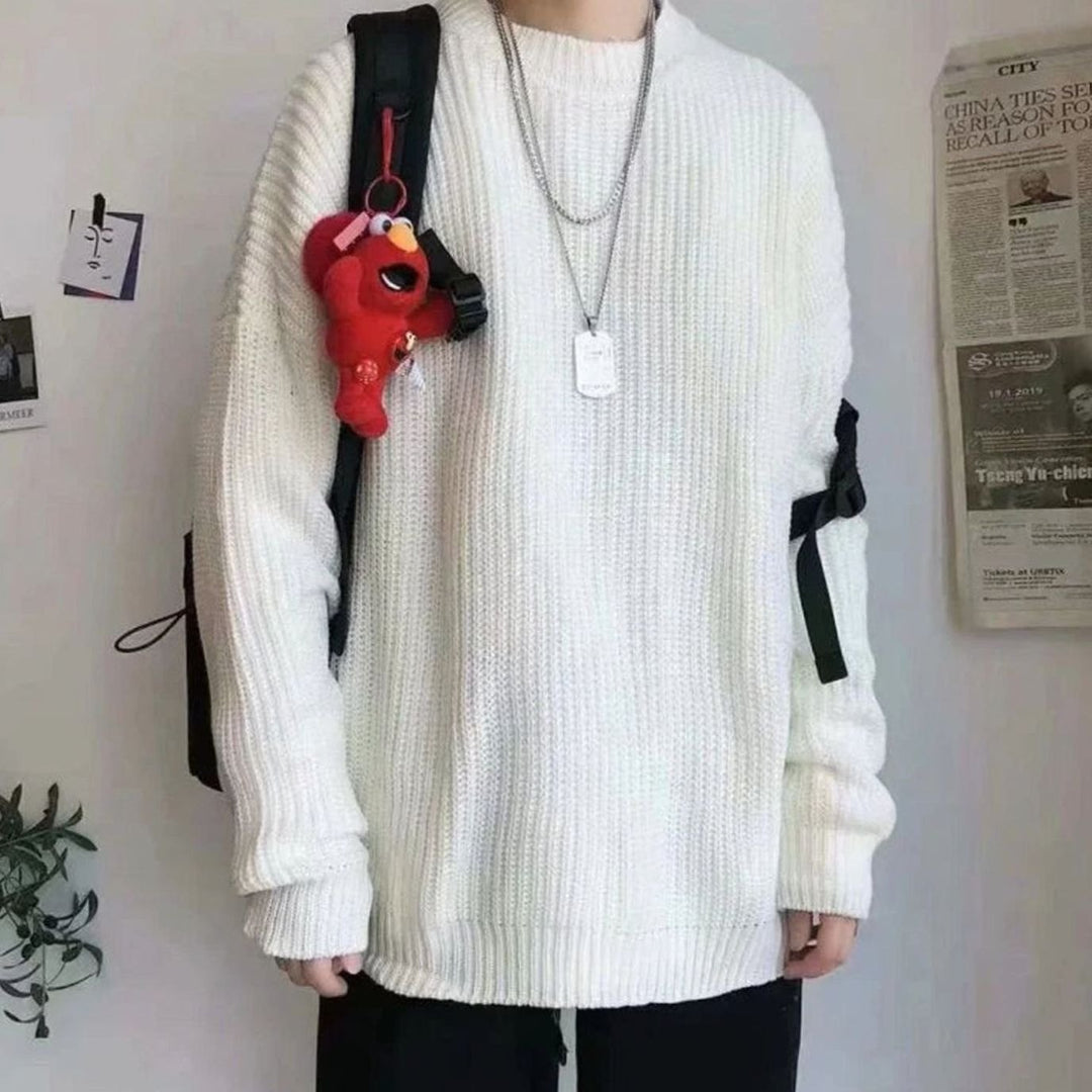 Men's Oversized Crew-Neck Ribbed Knitted Sweater - White