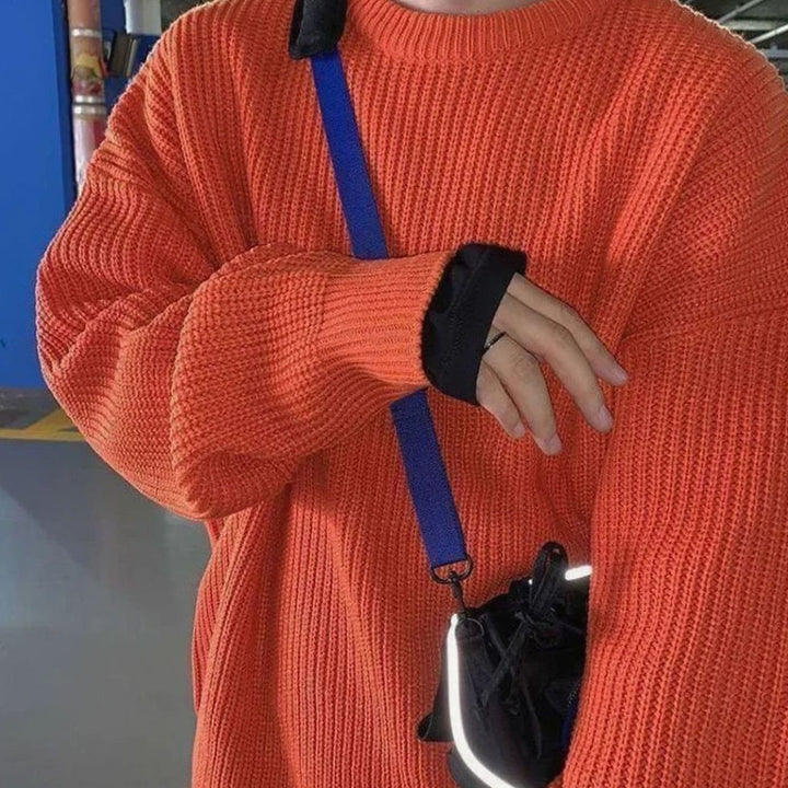 Men's Oversized Crew-Neck Ribbed Knitted Sweater - Orange