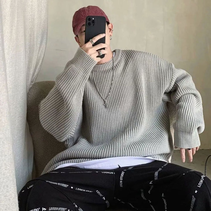 Men's Oversized Crew-Neck Ribbed Knitted Sweater - Light Grey