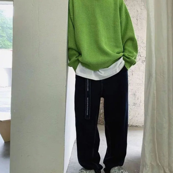 Men's Oversized Crew-Neck Ribbed Knitted Sweater - Emerald Green