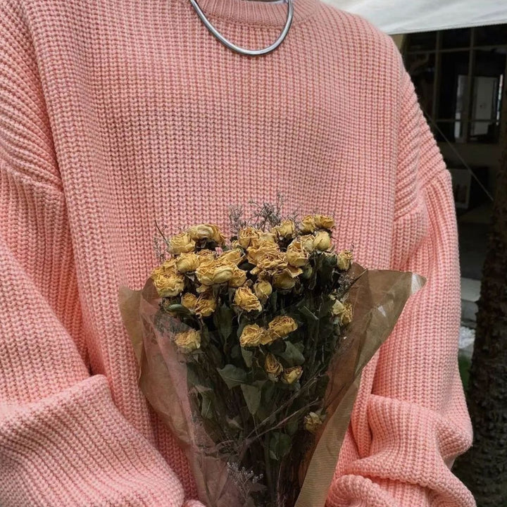 Men's Oversized Crew-Neck Ribbed Knitted Sweater - Pink
